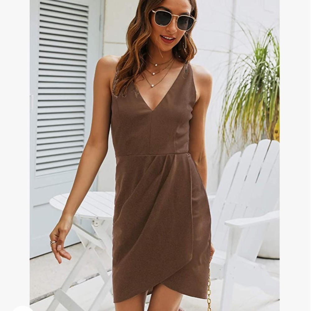 NWOT Khaki Wrap Occasion Dress with Tulip Hem